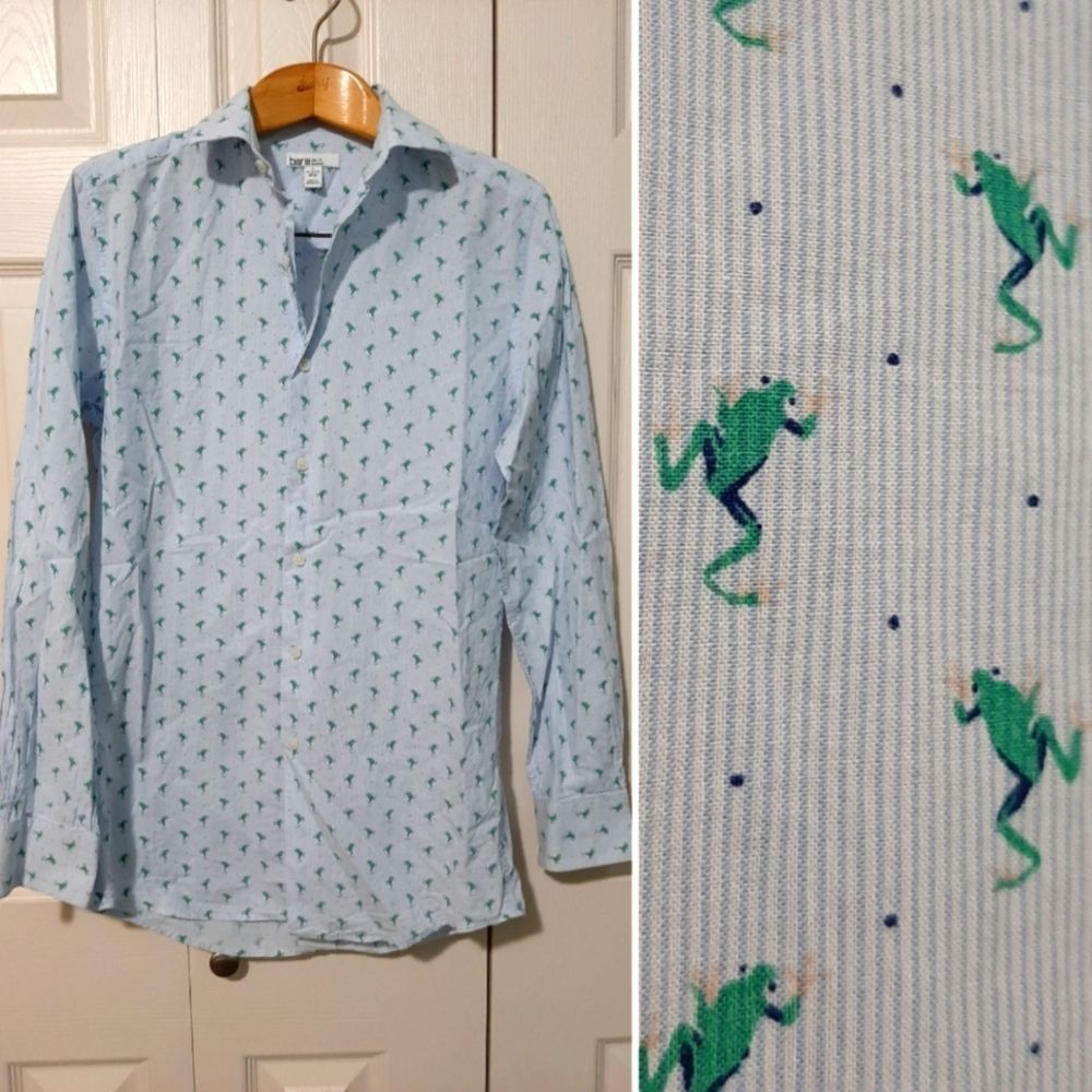 BAR III Button Down Frog Shirt Men's S Slim Fit Long Sleeves Blue White …